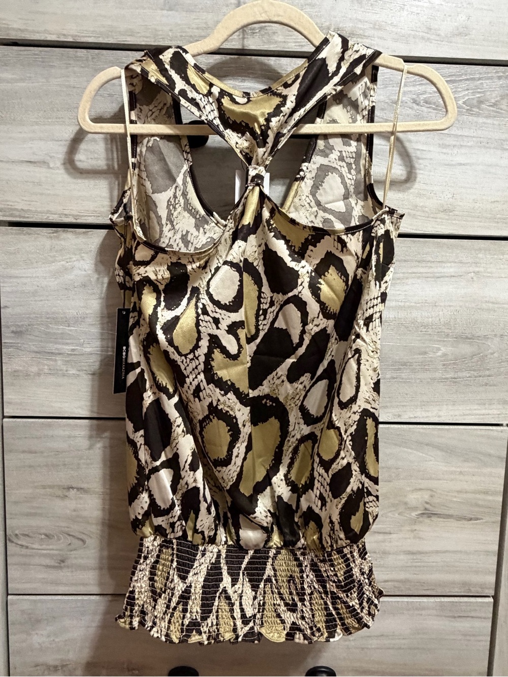 BCBGMaxAzria Gold and Black Ruffle V-Neck Animal Print Tank - Picture 4 of 4